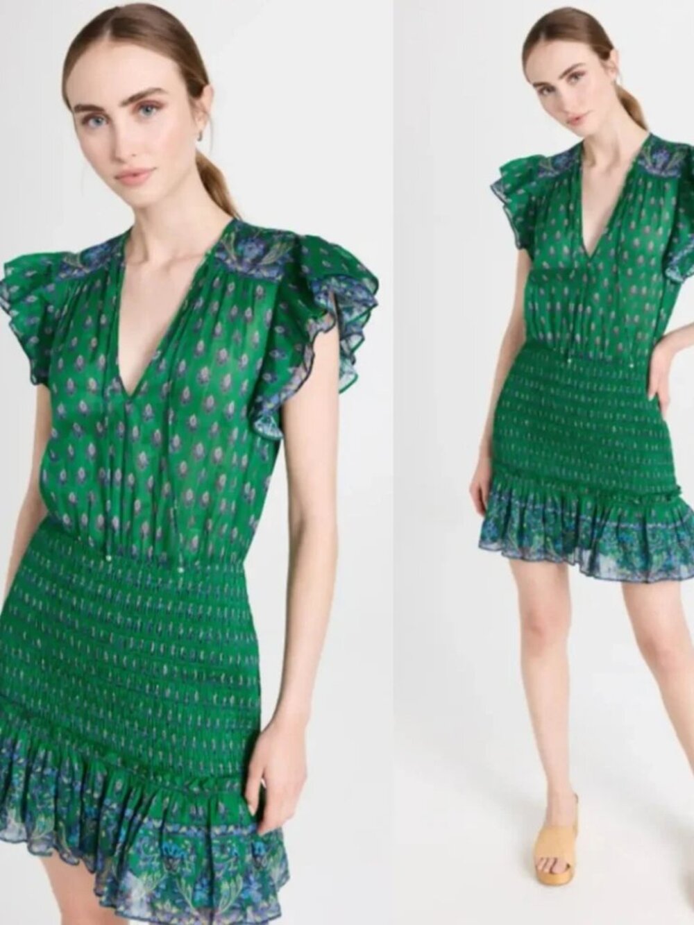 Veronica Beard Brindelle Dress Kelly Green Smocked skirt Tiered Mini Cotton 6 8